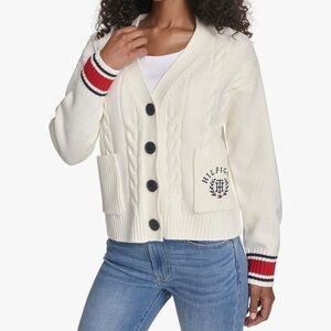 NWT Tommy Hilfiger Cream Cardigan with Red and Blue Details